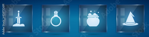 Set Sword in the stone, Magic ring with gem, Witch cauldron and hat. Square glass panels. Vector