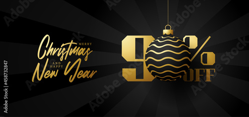 Merry christmas big Sale banner. Luxury Christmas Sale 90 percent off black royal banner template with decorated golden ball hang on a thread. Happy new year and xmas Vector illustration