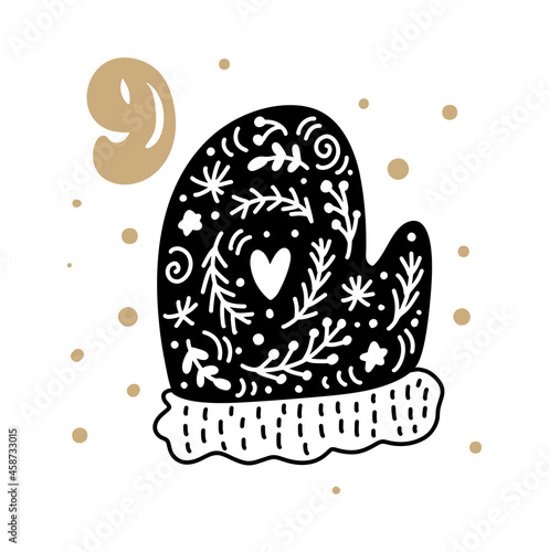Advent calendar with cute scandinavian hand drawn vector. Twenty-four days before ethno Christmas. Ninth Day. Winter Illustration of nordic Mitten