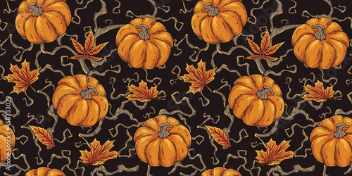 Halloween autumn seamless pattern with pumpkin, branchs and orange foliage for happy halloween background or october design