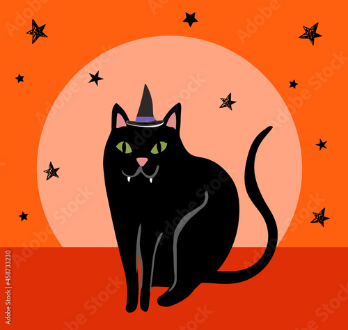 Single isolated Halloween illustration of a seated black catwith green eyes. Happy mischievous cute feline carachter  sitting black cat with sharp teeth and arched tail. Halloween or everyday uses.
