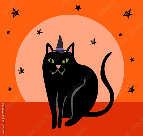 Single isolated Halloween illustration of a seated black catwith green eyes. Happy mischievous cute feline carachter, sitting black cat with sharp teeth and arched tail. Halloween or everyday uses.