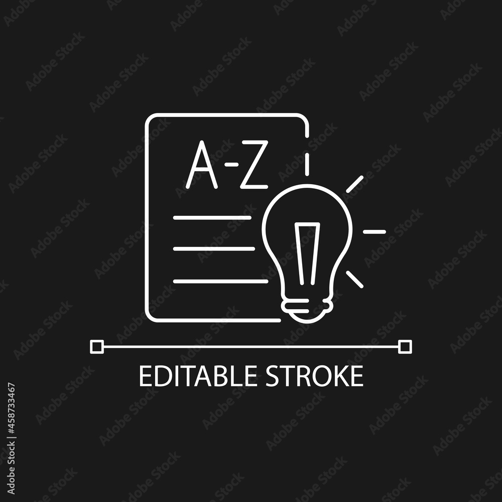 Language Arts white linear icon for dark theme. Reading, writing skills ...