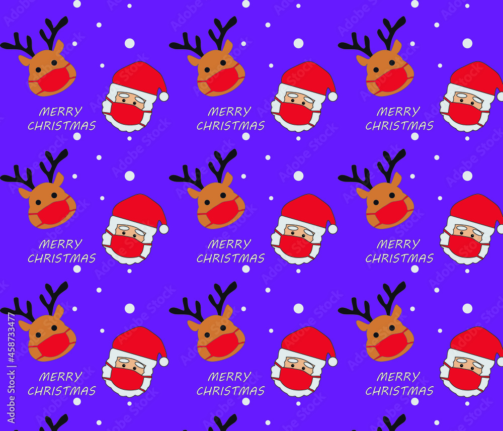 Christmas icons seamless pattern with Santa Claus, snow and deer. Happy winter holiday wallpaper with nature decor elements. design for paper or fabric