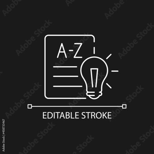Language Arts white linear icon for dark theme. Reading, writing skills development in schools. Thin line customizable illustration. Isolated vector contour symbol for night mode. Editable stroke