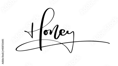Honey calligraphy lettering text. Vector bee hand lettering word in black color isolated on white background. Concept for logo card, typography poster, print