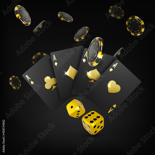 Gold dices black playing cards four aces and falling poker chips. Casino big win poster. 3d design element for gambling banner. Vector
