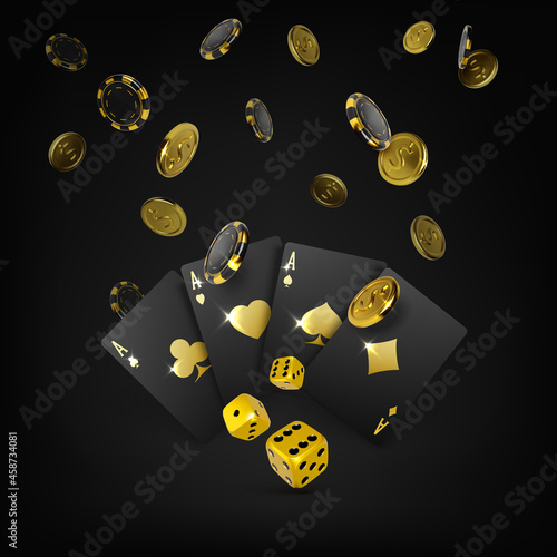 Casino big win poster. Gold dices black playing cards four aces and falling poker chips and golden coins. 3d design element for gambling banner. Vector