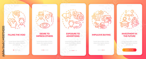 Reasons for consumerism red gradient onboarding mobile app page screen. Walkthrough 5 steps graphic instructions with concepts. UI, UX, GUI vector template with linear color illustrations
