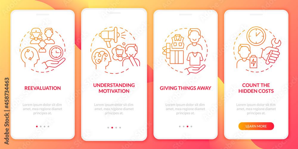 Challenging consumerism red gradient onboarding mobile app page screen. Walkthrough 4 steps graphic instructions with concepts. UI, UX, GUI vector template with linear color illustrations