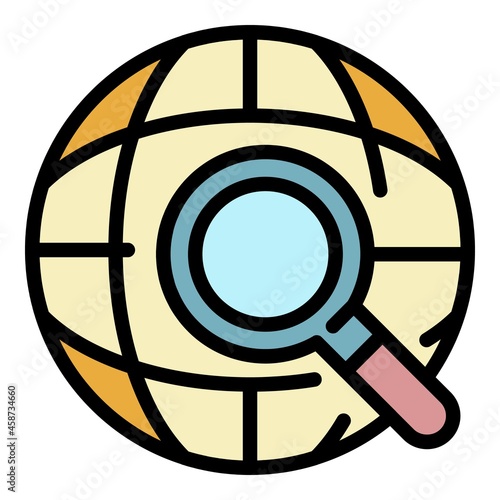 Globe and magnifier icon. Outline globe and magnifier vector icon color flat isolated