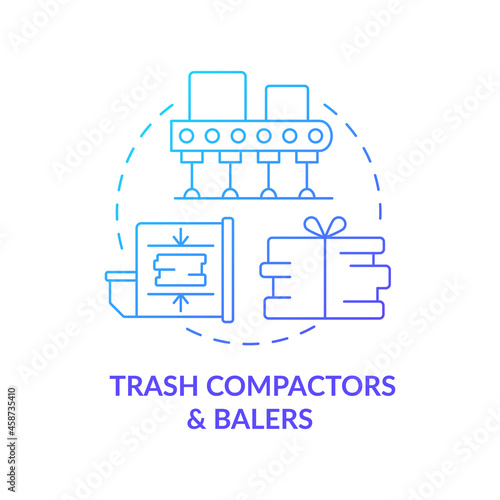 Garbage compactors, balers concept icon. Waste, trash processing, compressing equipment. Recycling of waste abstract idea thin line illustration. Vector isolated outline color drawing