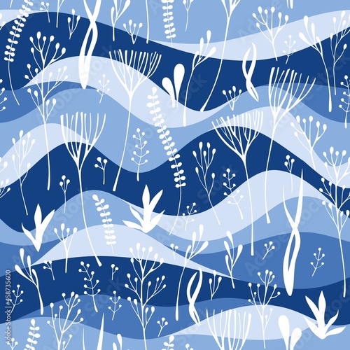 White seaweeds on blue wavy background. Sea seamless pattern. Vector illustration.