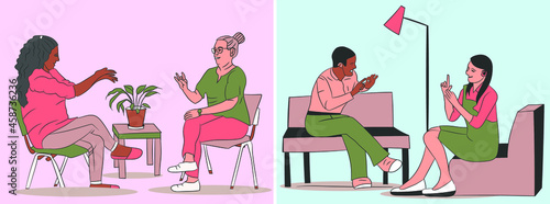 Illustration concept. Kit. Scenes with hearing impaired men and women. People with hearing aids. Vector
