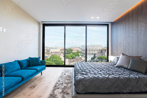 Photography Modern and contemporary bedroom in Rome with views of the The Colosseum