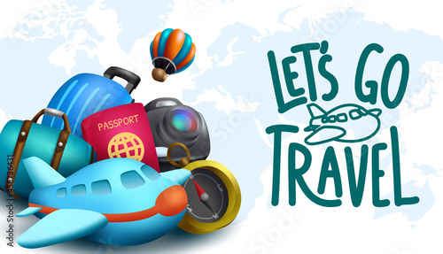Travel worldwide vector design. Let's go travel text in world map background with airplane and travelling elements for international vacation and adventure trip. Vector illustration.
