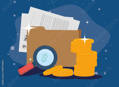 Tax document coins and lupe