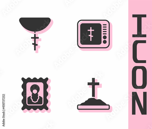 Set Grave with cross, Christian on chain, icon and Online church pastor preaching icon. Vector