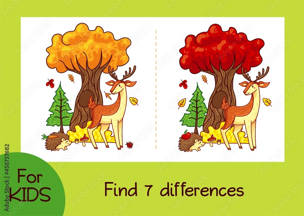 Find 7 differences game for kids with cartoon deer and hedgehog in