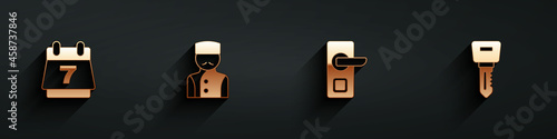 Set Hotel booking calendar, Concierge, Digital door lock and key icon with long shadow. Vector