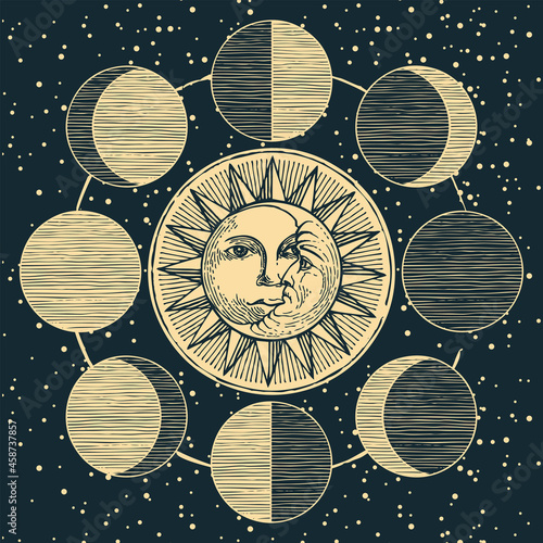 A hand-drawn banner with a circle of lunar phases, the Sun and the moon with human faces against a dark starry sky. Monochrome vector illustration in retro style on a space theme