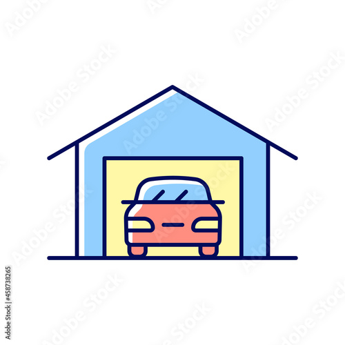 Parking space nearby RGB color icon. Residential garage. Accessible space for vehicles. Reduce forcing parking on street. Garaging standards. Isolated vector illustration. Simple filled line drawing