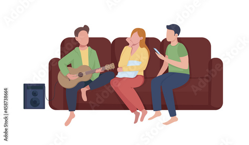 Friends listen to music semi flat color vector characters