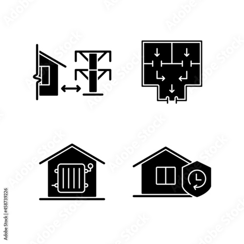 Home building regulation black glyph icons set on white space. Distance from electric lines. Fire escape route. Required heating. Durability. Silhouette symbols. Vector isolated illustration