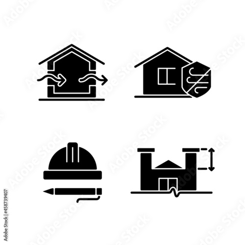 Standards for residential construction black glyph icons set on white space. Natural ventilation. Weather resistance. Inspection. Roof extensions. Silhouette symbols. Vector isolated illustration