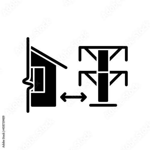 Distance from electric lines black glyph icon. Space between building and power system equipment. Stay away from magnetic fields. Silhouette symbol on white space. Vector isolated illustration