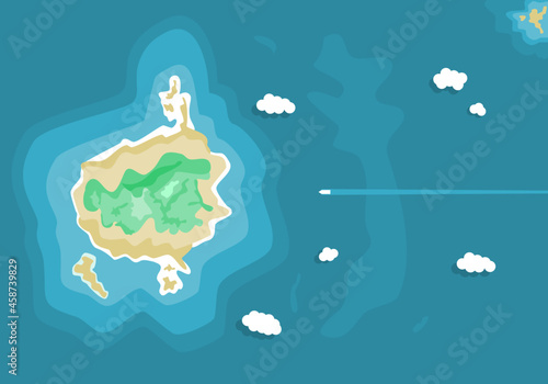 Island in blue ocean sea with tourist boat in summer season top view flat vector.