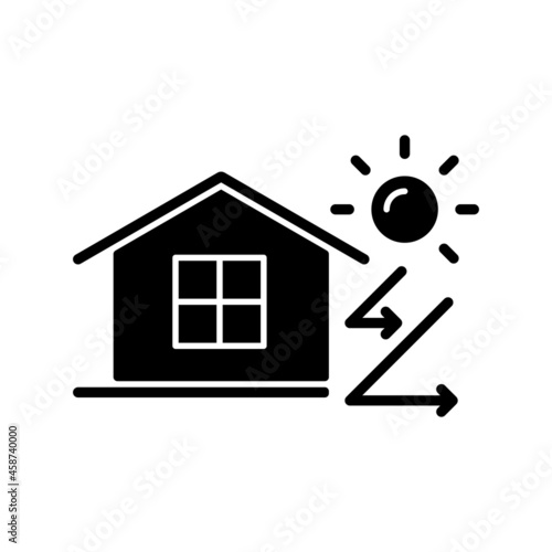 Heat insulation black glyph icon. House isolation from heat. Thermal insulation. Keep home cool at summer. Energy-efficient home. Silhouette symbol on white space. Vector isolated illustration