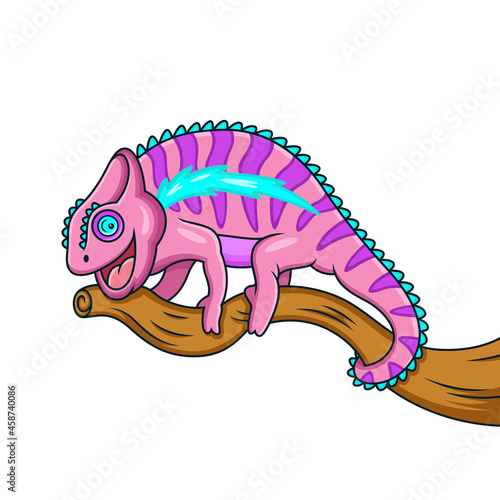 cartoon pink chameleon on a tree branch