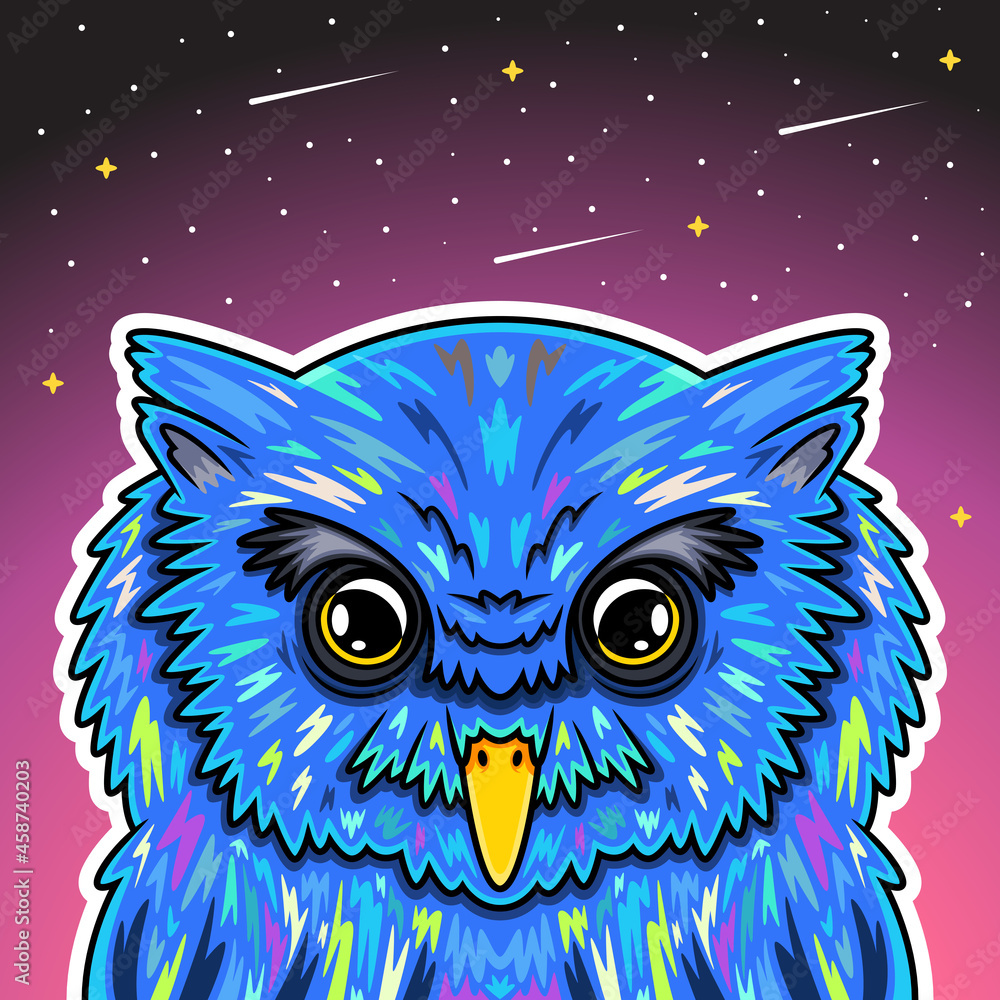 colorful owl cartoon with galaxy background
