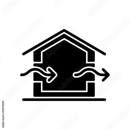 Ventilation system black glyph icon. Providing natural ventilation in building. Improving indoor air quality. Preventing condensation. Silhouette symbol on white space. Vector isolated illustration
