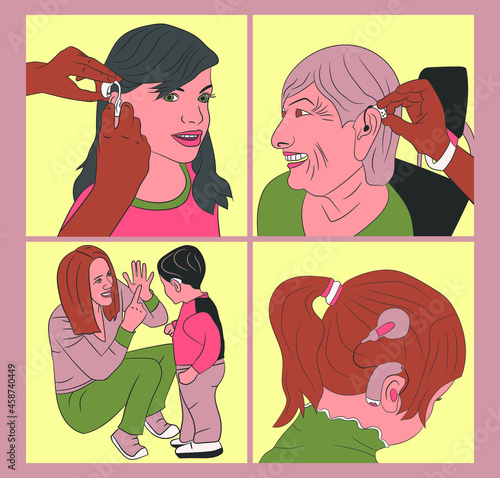 Illustration concept. Kit. Scenes with hearing impaired men and women. People with hearing aids. Vector