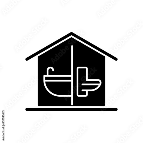Sanitation facilities black glyph icon. Hygienic conditions maintenance. Accessible bathroom and toilet in home. Sanitary accommodation. Silhouette symbol on white space. Vector isolated illustration