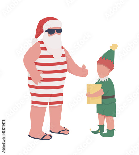 Funny Santa with elf helper semi flat color vector characters