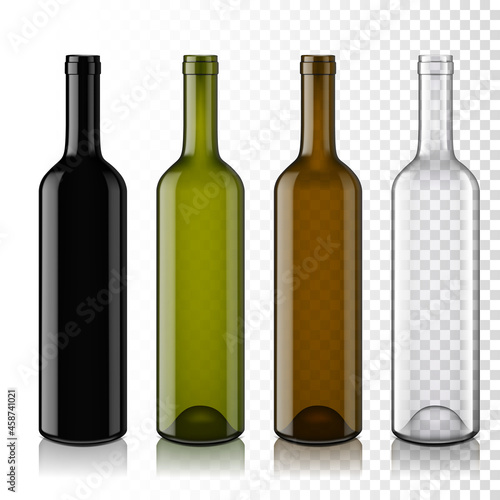 Set of transparent empty wine bottles, isolated.