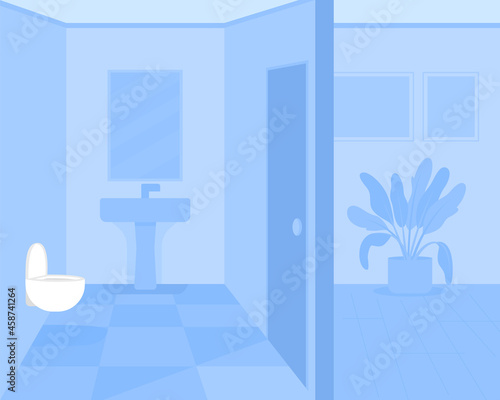 Blue monochrome bathroom flat color vector illustration