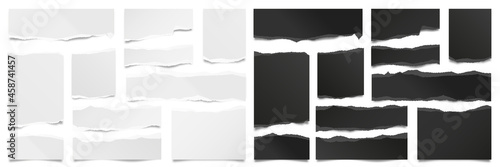 Ripped paper strips. Realistic black and white paper scraps with torn edges. Sticky notes, shreds of notebook pages. Vector illustration.