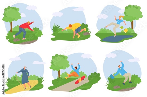 Falling people, vector illustration, man woman character fall down outdoor at park, young person tripped over stone, slip at puddle.