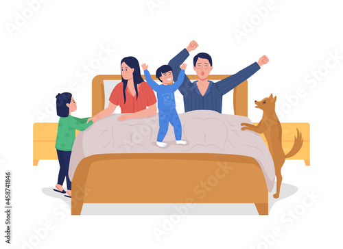 Kids waking up parents semi flat color vector characters
