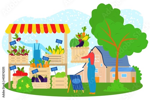Fototapeta Naklejka Na Ścianę i Meble -  Store market, vector illustration, flat people character buy fresh food in farm shop, organic local product from farmer stand, man in overalls