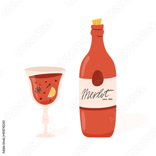 Wine bottle and glass of mulled wine with orange slice, anise star and clove. Vector illustration