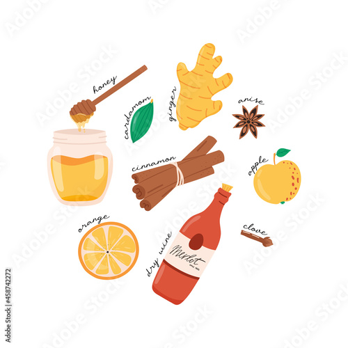 Mulled wine ingredients - apple, gingerand cinnamon - flat vector illustration isolated on white backround. Hot wine recipe.