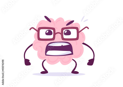 Vector Creative Illustration of Emotional Angry Pink Human Brain Character on White Background. Flat Doodle Style Knowledge Concept Design of Brain in Glasses