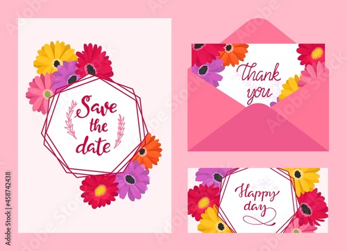Wedding card invitation with floral design set, vector illustration, save dat...