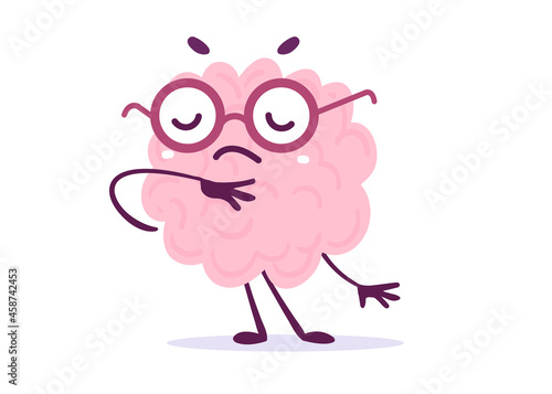 Vector Creative Illustration of Thoughtful Pink Human Brain Character in Glasses on White Background. Flat Doodle Style Knowledge Concept Design of Inspired by Muse Brain