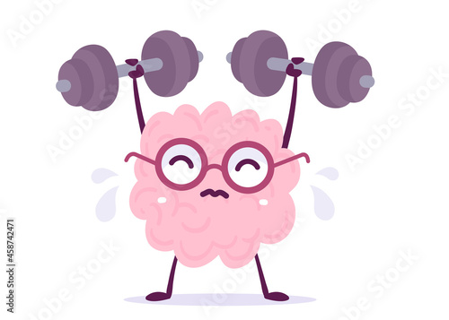 Vector Creative Illustration of Strong Pink Human Brain Character in Glasses Lifting Weight with Effort on White Background. Flat Doodle Style Knowledge Concept Design of Emotional Brain with Sweat